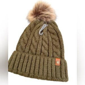 Frye and Co. Olive Green Cable Knit Faux Fur Pom Beanie Hat Adult NWOT